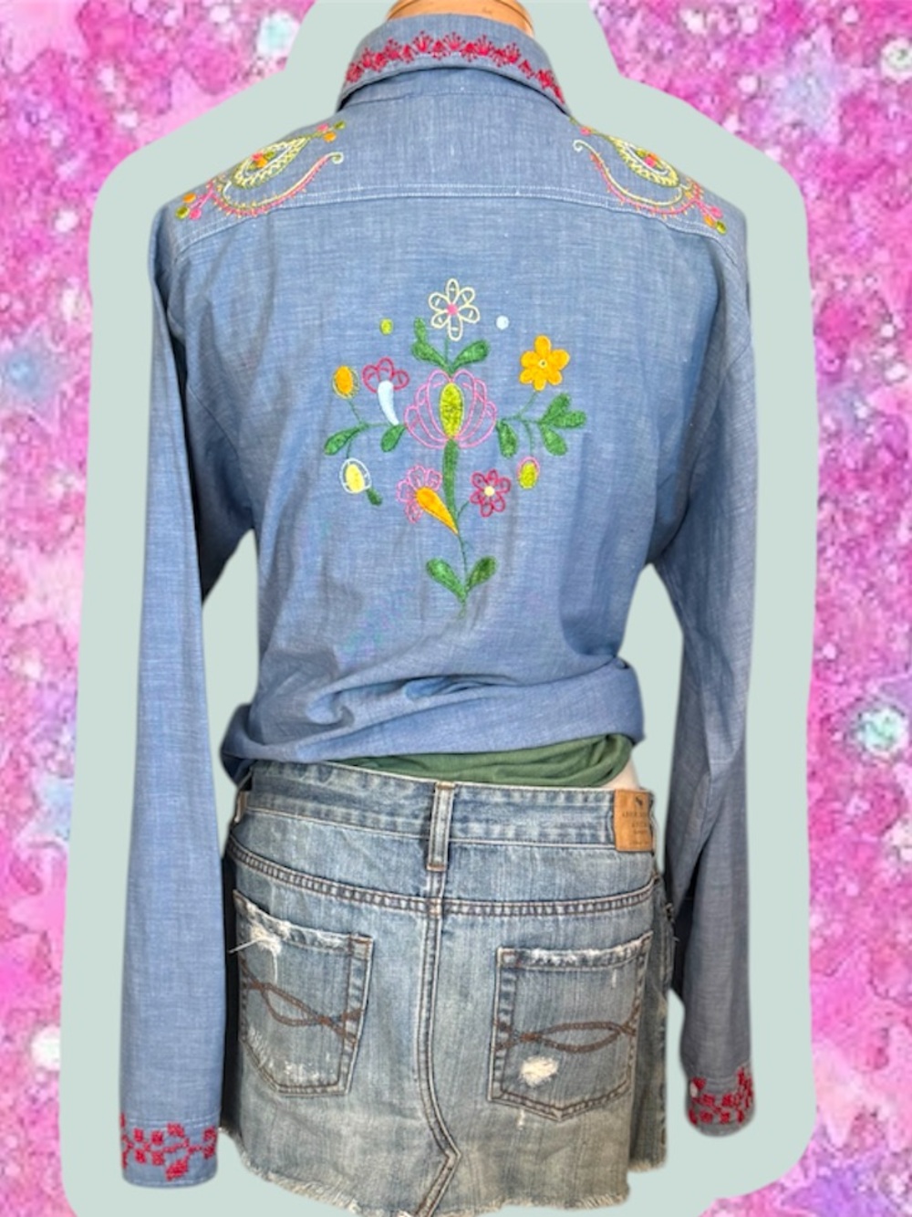 Big Mac JCPenney vintage 1970s chambray hand embroidered shirt men’s XL 70s 60s